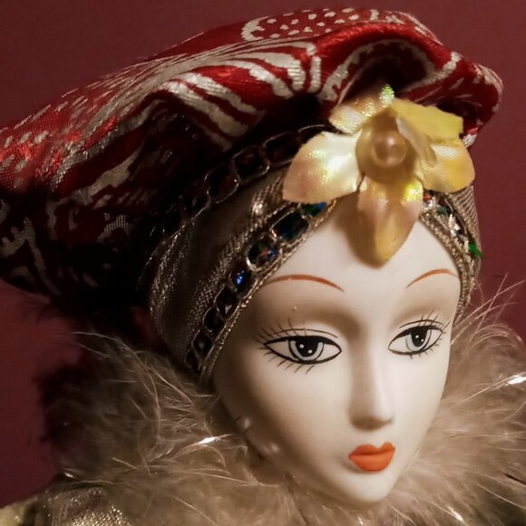 Vintage Pierrot Clown Doll Porcelain head arms feet Red & Silver Metallic Outfit - Picture 5 of 10